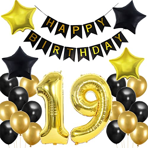 19. Geburtstag Dekoration, 19 Geburtstag Deko Schwarz und Gold, Geburtstagsdeko 19 Jahre Junge, 19 Jahre Geburtstagdeko Junge, Luftballon 19. Geburtstag Deko Mädchen, 19. Party Luftballons