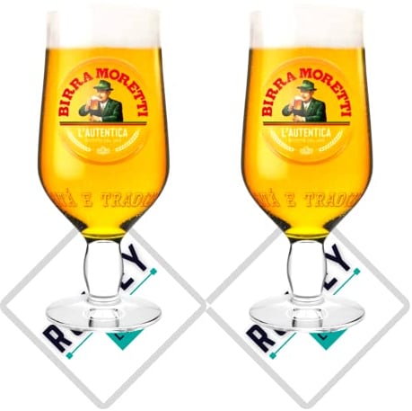 Roxley Moretti Nucleated Pint Lager Beer Glasses X2 Also Comes with X2 Branded Beer Mats, 56Cl Size Glass Man Cave Made in UK