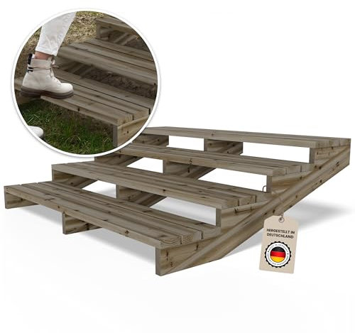 Gartenwelt Riegelsberger Escalier de terrasse XL - Largeur 190 cm - Escalier 4 avec marches - Hauteur de l'étage : 56 cm - En bois de pin massif imprégné en autoclave - Kit complet de joues, de