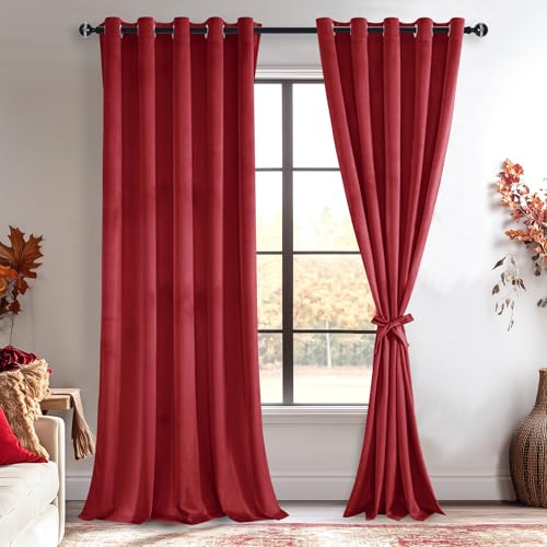 JIUZHEN Rote Samtvorhänge, 213,4 cm, weicher Samt, Verdunkelungsvorhänge, mit Ösen, wärmeisoliert, geräuschreduzierend, Fenstervorhänge für Party/Hochzeit, 60 B x 84 L, Set mit 2 Stoffbahnen, Weinrot