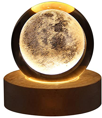 TITA-DONG 3D Crystal Ball Night Light for Kids Glass Ball Night Lamp with Wood Base Fantasy Desk Present Space Decor Crsytal Ball LED Galaxy Planet Nightlight Birthday Gift Bedroom Decor (Moon)