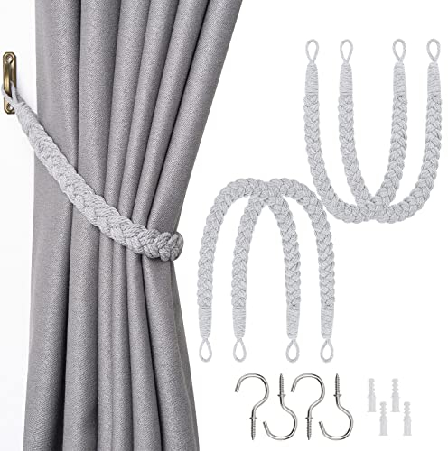Pretty Jolly Vorhang Raffhalter aus natürlichem Baumwollseil, eleganter, dekorativer Vorhang-Raffhalter im Boho-Stil, weiche, handgewebte Seil-Vorhanghalter für Zuhause und Büro, Hellgrau, 4 Stück