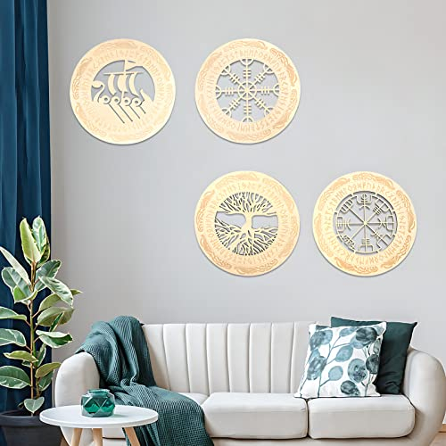Arsey Wikinger Deko Nordische Mythologie Runen Mittelalter Wandkunst Wandskulpturen Kompass Lebensbaum Vegvisir Wanddeko Wohnzimmer Schlafzimmer, Holz, Natur, 4 Stücke