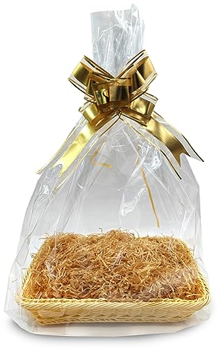 35 X 25 CM Gift Basket Kit with 1 x Hamper Basket, 2 x Bows, 2 x Cellophane Bags and 1 x Shredded Paper for Christmas, Birthday, Wedding, Easter Gift