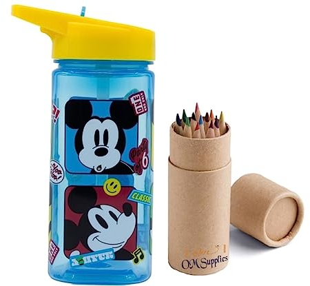 OM SUPPLIES Mickey - Botella de agua cuadrada reutilizable con asa integrada para facilitar el transporte, escuela, almuerzo, niños, 510 ml, plástico sin BPA, incluye tamaño medio, juego de 12 lápices
