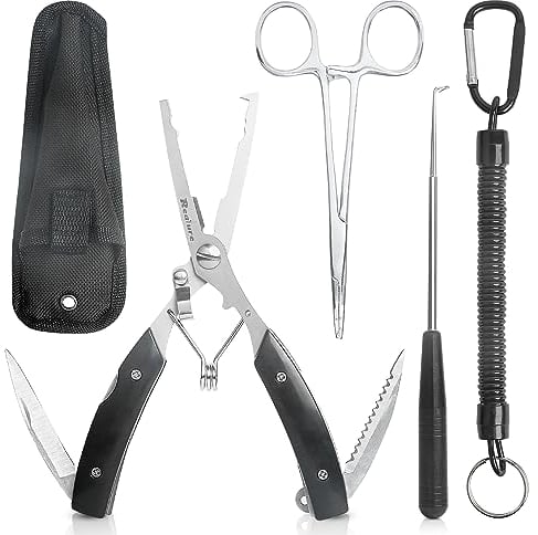 Realure 3 Stück Multifunktionale Angelzange Set mit Lanyard, Umfasst Aterien Zange, Hakenlöser Angeln, Linienschneider Angel Zange für Hakenlöser, Sprengring, Tragbare, Edelstahl (Schwarz)