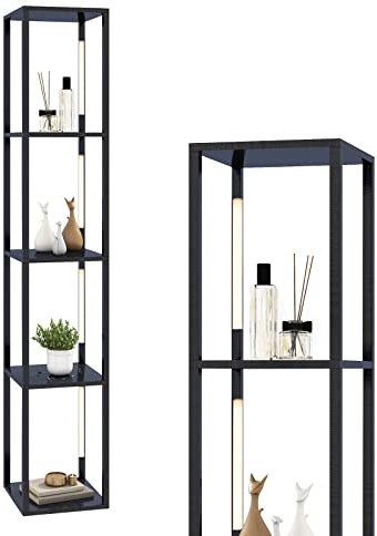 HOMASIS Stehlampe, Stehleuchte mit 4 Lagerregaln aus Holz, Standlampe mit 3-Farbtemperatur, Standleuchte E27 mit 4 drehbare Led-Lampen, Bodenlampe für Wohnzimmer, Schlafzimmer, 29x29x163cm (Schwarz)