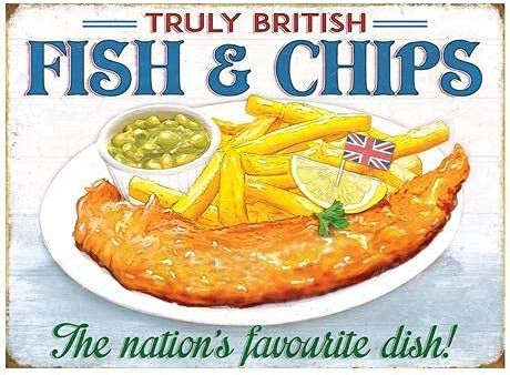 Blechschild „Fish And Chips“, traditionelles „Eat Or Take Away“, Vintage-Metallblechschilder für Cafés, Bars, Kneipen, Geschäfte, Wanddekoration, lustige Retro-Schilder für Männer und Frauen 01 – Blec