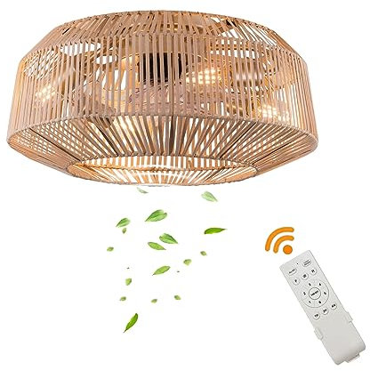 SuhoFutus Ceiling Fans with Lights, 18.5 in LED Ceiling Light with Fan, Retro Rattan Caged Flush Mount Ceiling Fans, with Remote Control and Timing Function, Adjustable Wind Speed, 48 * 23 cm