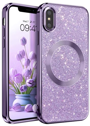 YINLAI iPhone X Magnetic Case iPhone XS Magnetic Case[Compatible with Magsafe] Glitter Protective Cover Slim for Women Shockproof Bling Phone Cover for iPhone X/XS 5.8, Purple