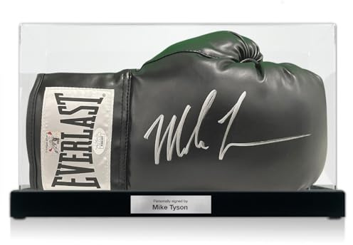 Schwarzer Boxhandschuh, signiert von Mike Tyson. Vitrine mit Plakette