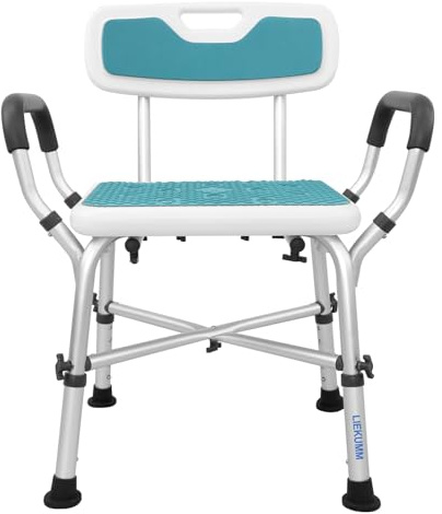 LIEKUMM Shower Chair with Arms and Back, 5-Level Height Adjustable Shower Seat, Bath Stool for Elderly and Disabled, Non-Slip Bath Chair with Detachable Silicone Pad, Reinforced Base