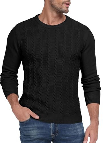 Hisir Mens Cable Knit Jumper UK Thick Crew Neck Pullover Winter Warm Long Sleeve Sweater (Black, M)