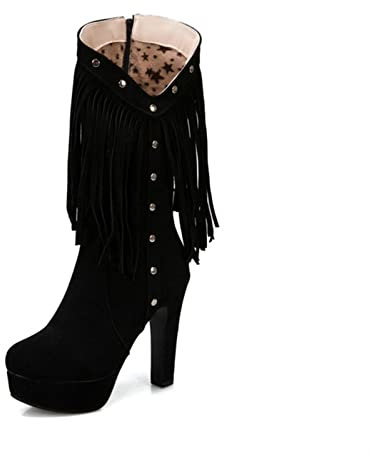 ZHTAISOU Stivali Stivaletti da Donna con Stivaletti con Tacco con Frange e Stivaletti con Plateau e Punta a Punta Stivali con Tacco Alto e Grosso con Cerniera Scarponcini(14)