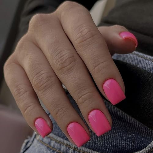 Press on Nails kurz - 24 Stück Neon-Pinke Fake Nails Full Cover mit Nagelkleber, Square Nägel zum Aufkleben Acryl Künstliche Fingernägel für Frauen & Mädchen Nail Art Maniküre (Neon Pink, 24x)