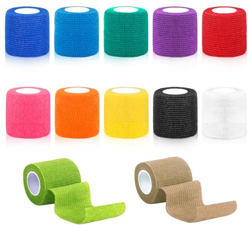 YSWOVUO 12 Rollen Selbstklebender Verband 5cm x 4,5m, Haftbandage Selbstklebend, Vliesstoff Selbsthaftende Bandage, Elastischer Binden Verband für Stretch Sportler, Handgelenk, Knöchel, Pet