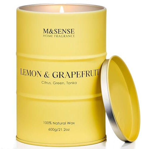 M&SENSE Zitronen Grapefruit Duftkerze im Glas groß Natürliche Sojakerzen 600g 130 std langsame Verbrennung Stark duftende Zitronen Zitruskerzen fürs Badezimmer Frisch MSTC0225L LemonGrapefruit