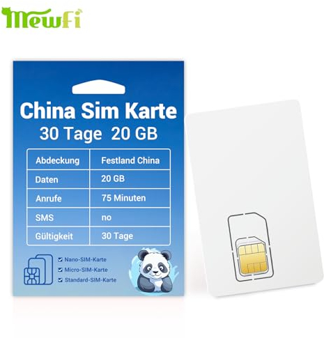 Mewfi China SIM-Karte 30 Tage 20GB Daten, 75 Minuten lokale Anrufe, 4G/5G Unterstützung, Aktivierung 2 Tage vor Abreise