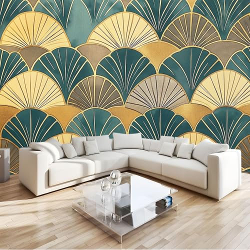 Papier Peint Motif D'Éventail Art Déco 3D Panoramique Murale Salon 250x175 cm Papier Peint intissé pour Chambre Salon Personnalisé Décoration Murale