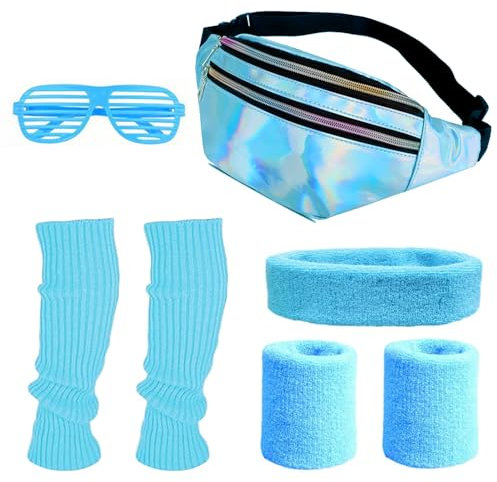 80er Jahre Kleidung Sport Set, 80 90 er Jahre Outfit Damen, Blau, 80er Jahre Accessoires, Stirnband, Gürteltasche, Stulpen, Brille, Beinwärmer, Für Karneval Neon Party