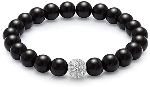 day.berlin Premium Obsidian Damen Perlenarmband Stone, Naturstein Armband mit echten 8mm Edelsteinen, flexibles Zugband 18cm lang, handgeknüpft mit Pave Zirkonia Perle