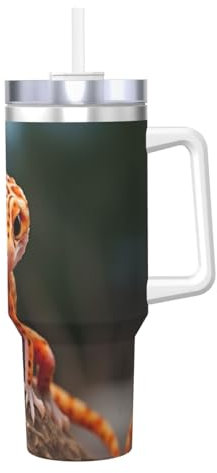 JIUTY Taza de viaje con pajilla de acero inoxidable con diseño de gecko de leopardo de arena, 1,134.0 g