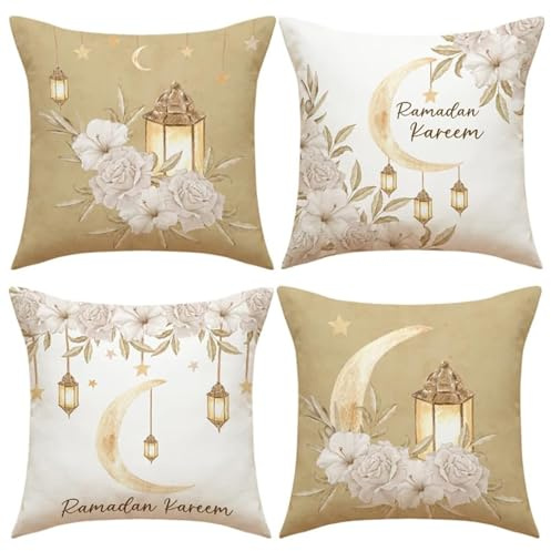 Reegaty Ramadan Kissenbezug, 4 Stück 45x45cm Ramadan-Dekoration Mond Laternen Baumwolle Leinen Kissenhülle Kissenbezug Ramadan Kareem dekokissen Happy Ramadan deko Sofa Kissen (C)