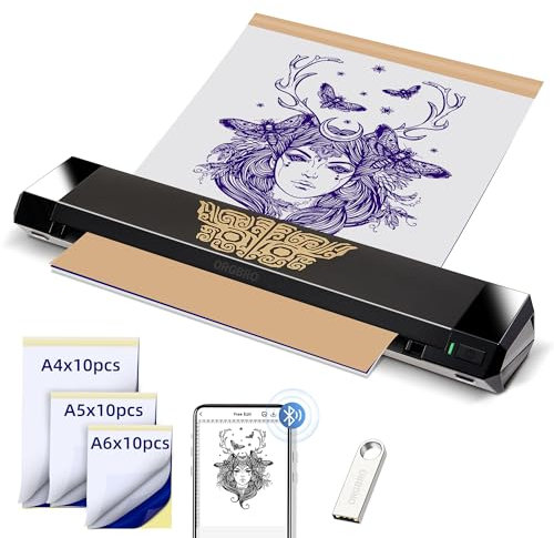 ORGBRO X8 Tattoo Drucker, Bluetooth Tattoo Stencil Drucker mit 30 Stück Transferpapier, Thermodrucker Tattoo Maschine für professionelle Künstler und Anfänger, kompatibel mit Smartphone/Tablet/PC