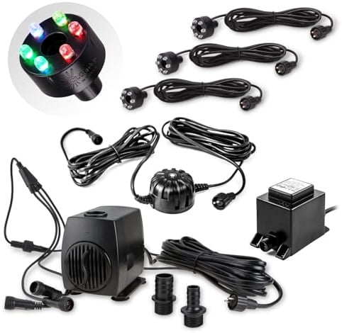 CLGarden Springbrunnen Pumpe mit LED Beleuchtung RGB Multicolor 3x LED Ring Dämmerungssensor Teichpumpe 1300l/h Wasserspiel Gartenbrunnen Bachlauf