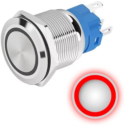 Momentaner Druckschalter, 16 mm, 12 V-24 V, DC, 4 A, roter Ring, LED-Metall-Lichtschalter, wasserdicht, mit Gummidichtung, für Stromversorgung, elektronisch
