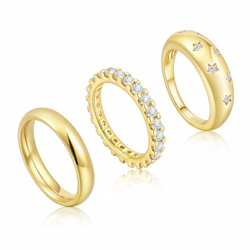 Ringe Gold Damen Stapelbar Fingerring - 14K Vergoldet Ring Set aus Edelstahl Kupfer, 3 Stück Ring Damen Daumenring für Geburtstag Jahrestag, Wasserfest Verlobungsring mit Zirkonia Geschenk für Frauen