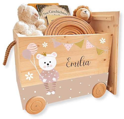 EmiliaLotte Personalisierte Spielzeugkiste mit Deckel aus Holz I Montessori Spielzeug Holzkiste mit Rollen zum Ziehen I Erinnerungskiste mit Wunschname - Teddy Rosa