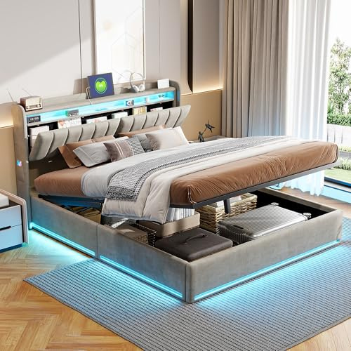 Henunem Bett 140x200 mit Stauraum, Polsterbett Hydraulisch mit Bettkasten und Lattenrost, Staufach-Kopfteil mit LED und Aufladen USB, Doppelbett 140x200 cm,Samt,ohne Matratze (Grau, 140x200cm)