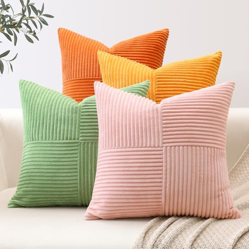 Sungeek 4er Set Cord Kissenbezüge, Kreuz Streifen Muster Kordsamt Kissenbezug Sofakissen Dekokissen Patchwork Design Deko Zierkissenbezüge Kissenhülle für Wohnzimmer (40x40cm, Orange Rosa)