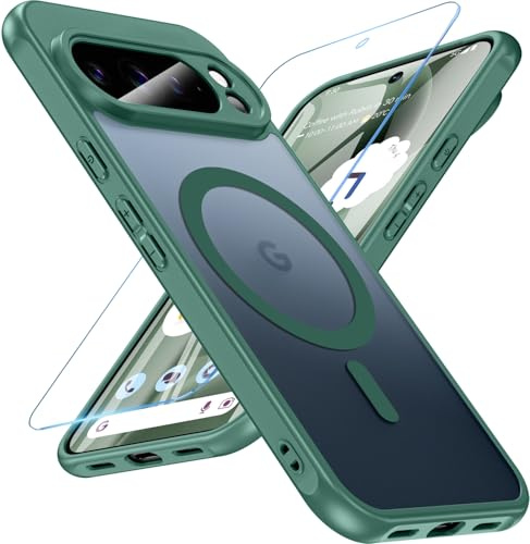 Magnetisch Für Google Pixel 10 Pro XL Hülle mit Panzerglas Glas,Pixel 10 Pro XL Hülle, Militärschutz Handyhülle Matt Transluzente Robust Hart PC Schutzfolie Schutzhülle Case Cover(Grün)