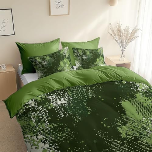 Generisch Camouflage Bettwäsche 155 x 220 cm, 3teilig Grüne Bettbezug Camouflage Textur Weiche Wendebettwäsche, Moosgrün Bettwäsche mit Reißverschluss und Kissenbezug 80 x 80 cm