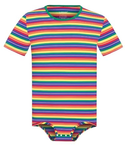 Landofgenie Men Short Sleeve Onesie Pajama One Piece Rompers Striped Bodysuit Leotard Top - Stripe Make Rainbow M