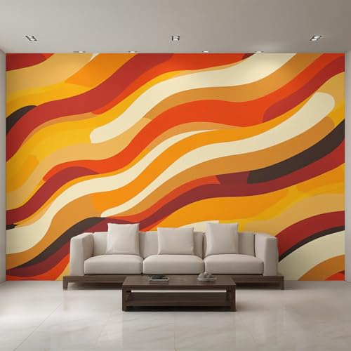 Retro Wavy Line Photo Wallpaper, 70s 80s Orange Wave Wallpaper Mural, 500x350cm Wall Paper for Bedroom Living Room, Non-Woven Wall Mural Room Decor EL&D58