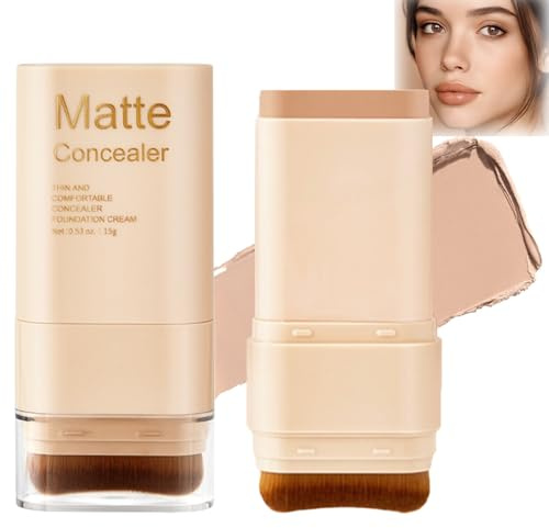 3-in-1 Matte Foundation Stick with Built-In Brush for Full Coverage - Waterproof Long-Lasting Cream Concealer & Contour in Shade #3 for Smooth Even Skin Tone, Portable Multi-Functional Makeup