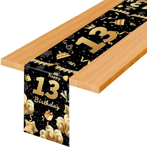 TaimeiMao Happy Birthday Goldene TischläUfer Geburtstagsdeko,180 X 35 cm | Tischläu 13 Jahre altes Tischläufer Geburtstag Schwarz Gold,Table Runner Birthday,Tischdeko Geburtstag für Party Dekoration