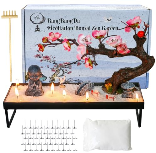 Mini Zen Garden Kit for Desk - Tabletop Plum Bossom Rock Sand Tray with Wax Sand and Wick - Stress Therapy Relief Spiritual Decor Japanese Zen Healing Gifts for Lady Yoga Meditation Accessories