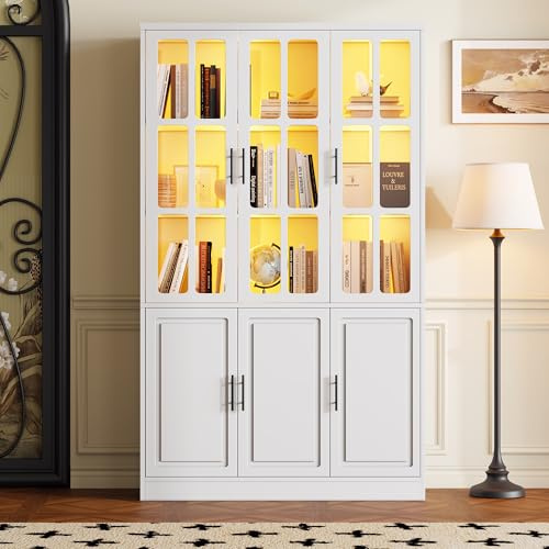 Wiuzo Vitrine, Standvitrine mit 6 Schranktüren,121.5x41x200cm, Glasvitrine mit LED, Wohnzimmerschrank 121.5 cm breit, Multifunktionsschrank mit Verstellbare Trennwand, Großer Schrank, Weiß