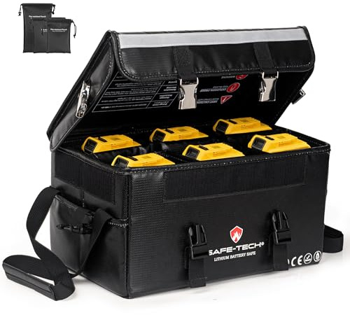 SAFE TECH Heavy Duty Fireproof Lipo Battery Bag, 35 × 21 × 18 cm | Battery Storage Case with Adjustable Dividers for DeWalt, Makita LXT & Lithium-Ion Batteries, Power Tool Battery Organiser