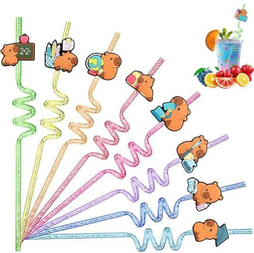 Capybara Curly Hard Straws, 12PCS Capybara Reusable Drinking Straws Washable Twisty Plastic Novelty Straw Cartoon Curly Straw Birthday Party Decorations for Family Gatherings,Juices and Smoothies