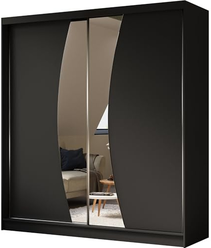 BEAUTY SOFA Vox - Schrank mit Spiegel - Kleiderschrank mit Schiebetüren - Garderobenschrank, Mehrzweckschrank, Flurschrank - 200cm breit - Schwarz Matt