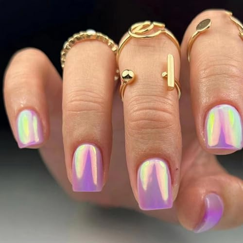 SXVME Chrome Press On Nails Short Square, Glazed Pink Purple False Nails Short with Metallic Mirror Finish, Sparkly Fake Nails Press on, Soft Gel Stick on Nail for Women Cute Manicure 24 Pcs