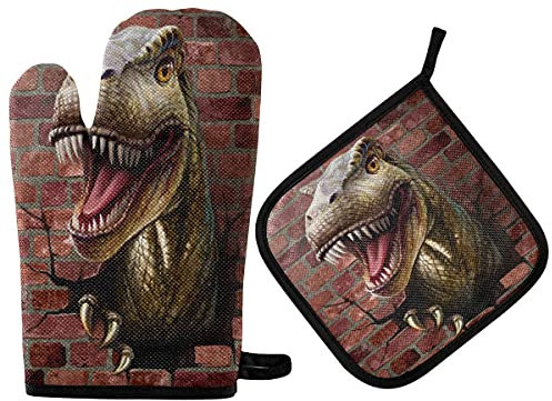 HMZXZ RXYY - Guanti da forno in muratura con dinosauro africano in mattoni, fodera in cotone trapuntato, per barbecue, guanti da forno e presine, resistenti al calore, tappetini sicuri per cottura