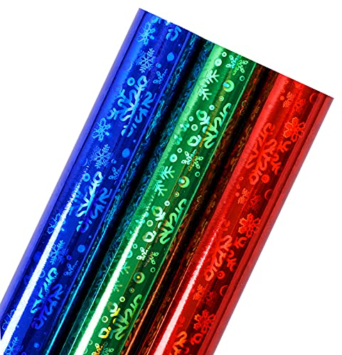 Holijolly Schneeflocke holografisches Geschenkpapier - Rot/Blau/Grün Regenbogenfarben für Weihnachten, Geburtstag, Urlaub, Babypartyverpackung - 3 Rollen (43 x 305 cm pro Rolle)