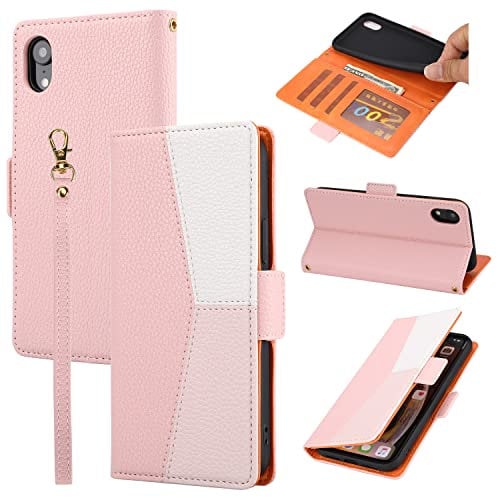 ZCDAYE Phone Case for iPhone X/iPhone XS Wallet Case with Card Slots Wrist Strap, Folio Flip Leather Cover for iPhone X/XS - Splicing Pink