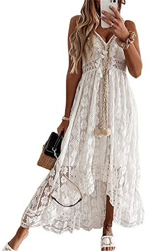 Geagodelia Cache-Maillots de Bain Bikini Longue Décolleté col en v en Bretelle Robe de Plage sans Manches Imprimée Florale Franges Transparent Maxi Ample Beachwear (Blanc, M)
